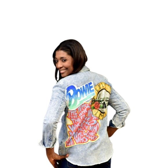 Oversized Light Wash Button Down W/ Rock Back Patch - Picture 5 of 7